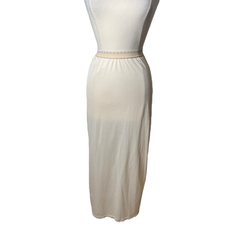 Vintage Hilro Nylon Midi Slip Skirt with Lace Waistband Side Slit Womens Small
